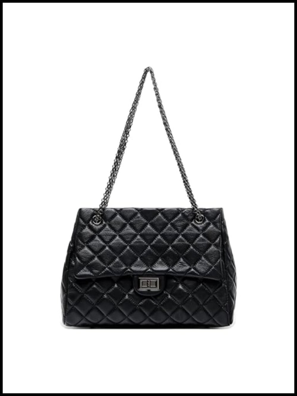 Quilted Genuine Leather Shoulder Bag - Large Capacity Black Chain Tote